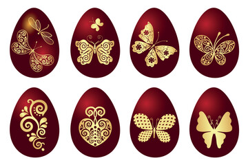 Vector set of colorful Easter eggs with golden applications isolated on white 