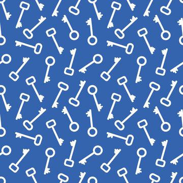 Keys silhouettes. Seamless pattern with white keys on a blue background.