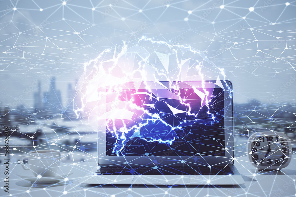 Aufkleber Double exposure of desktop with computer and brain drawing hologram. Artificial intelligence concept.