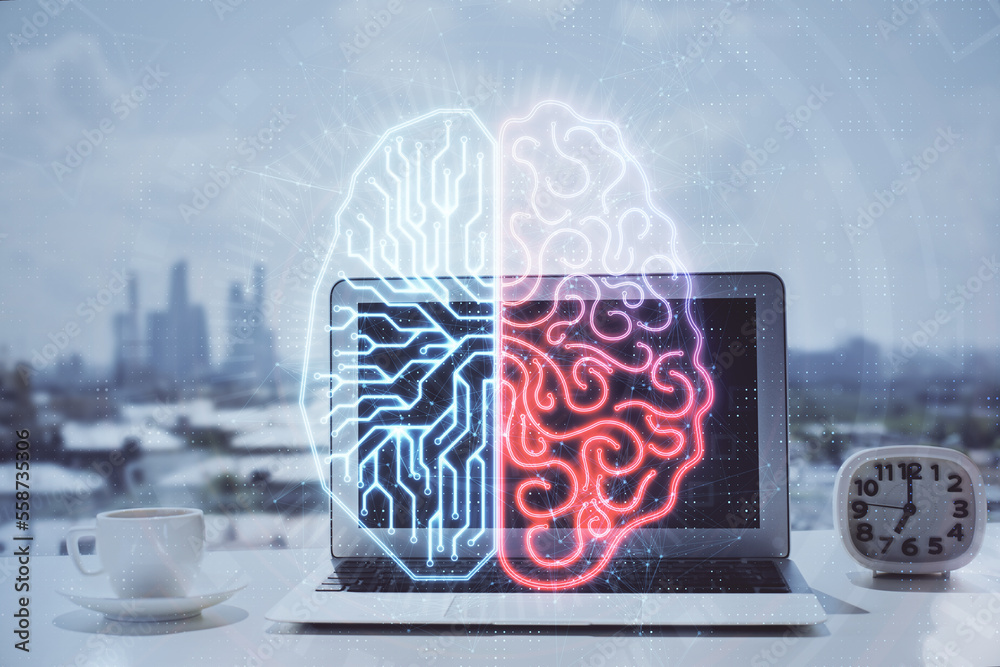 Poster Double exposure of desktop with computer and brain drawing hologram. Artificial intelligence concept.
