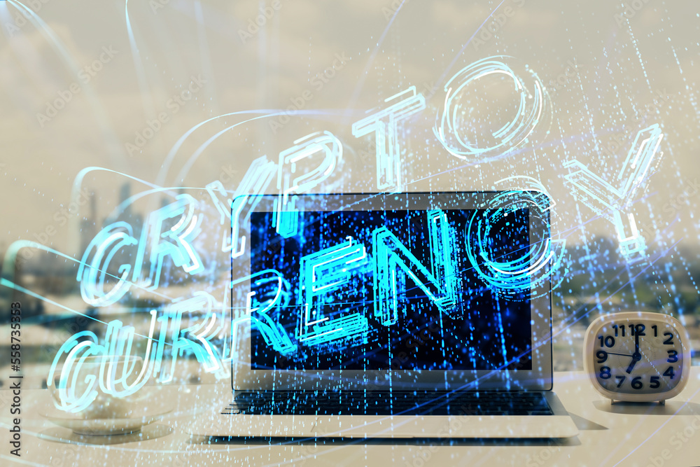 Poster Double exposure of blockchain and crypto economy theme hologram and table with computer background. Concept of bitcoin cryptocurrency.