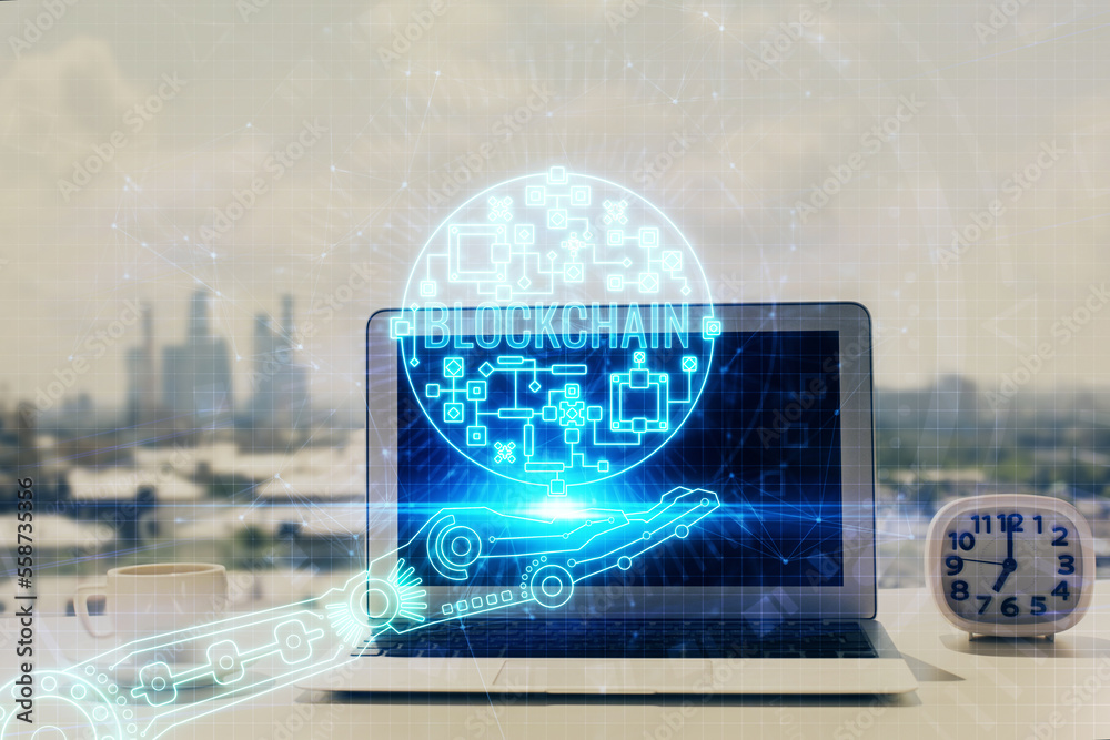 Poster Double exposure of blockchain and crypto economy theme hologram and table with computer background. Concept of bitcoin cryptocurrency.