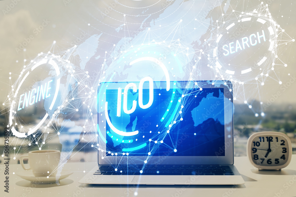 Poster Double exposure of blockchain and crypto economy theme hologram and table with computer background. Concept of bitcoin cryptocurrency.