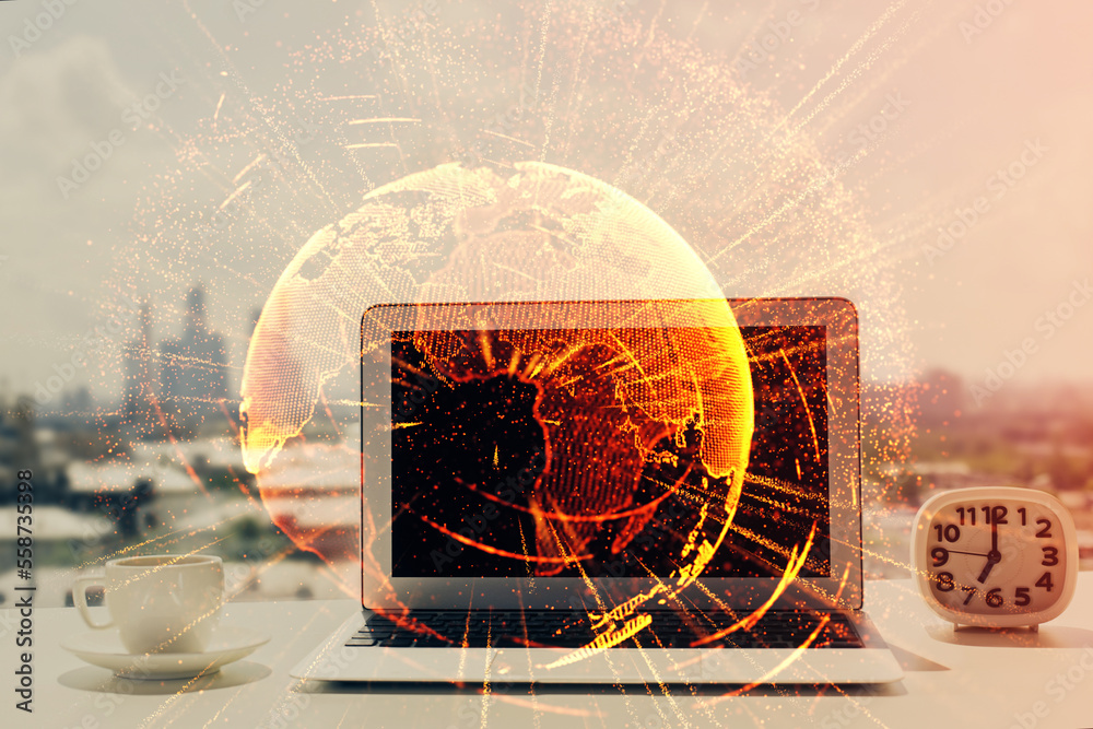Aufkleber computer on desktop with social network hologram. double exposure. concept of international people c