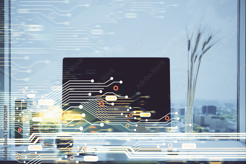 Aufkleber Multi exposure of table with computer on background and data theme drawing. Concept of innovation.