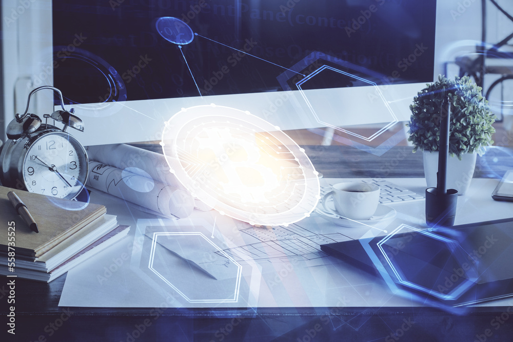 Poster Multi exposure of blockchain and crypto economy theme hologram and table with computer background. Concept of bitcoin cryptocurrency.