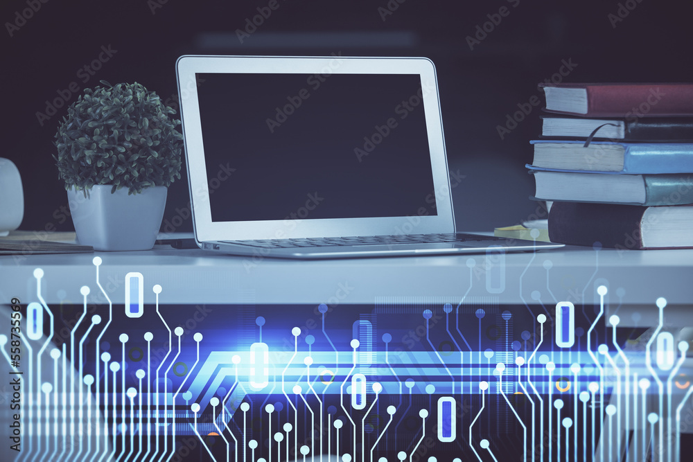 Aufkleber Double exposure of desktop with personal computer on background and tech theme drawing. Concept of Bigdata.