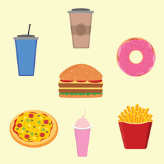 A vector of fast food and snacks: pizza, burger, drinks, coffee, french fries, donut, vanilla milk shake.