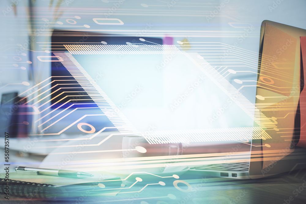 Poster Multi exposure of desktop computer and technology theme hologram. Concept of software development.