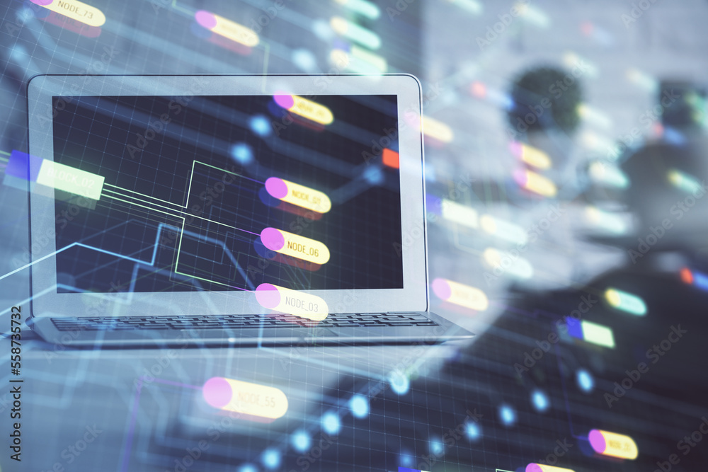 Poster Multi exposure of desktop computer and technology theme hologram. Concept of software development.