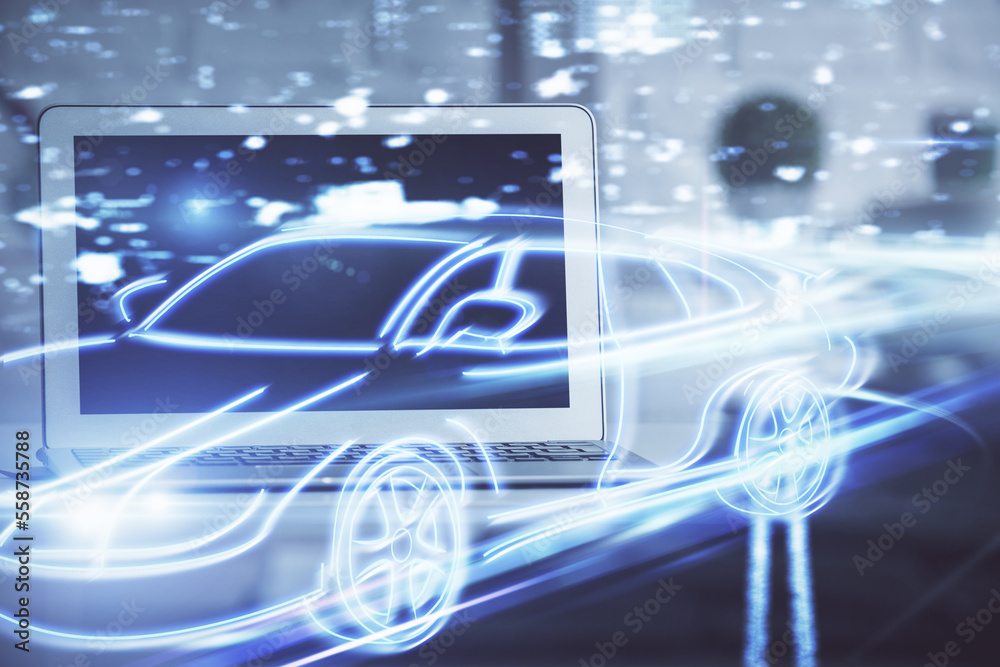 Poster Desktop computer background in office with automobile hologram drawing. Multi exposure. Tech concept.