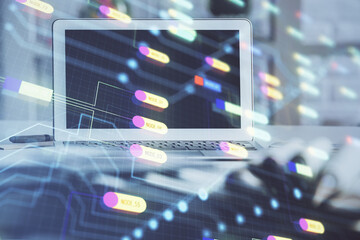 Multi exposure of desktop computer and technology theme hologram. Concept of software development.