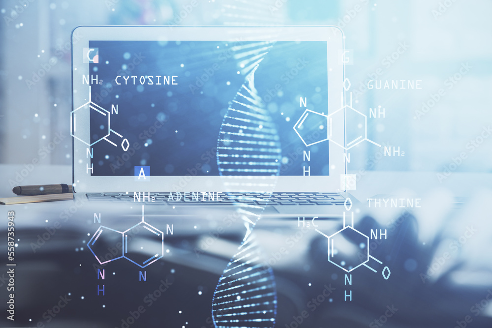 Poster desktop computer background and dna drawing. double exposure. science concept.