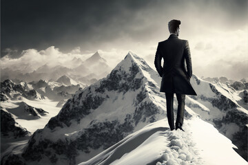 Young business man standing confident on mountain peak , Generative Ai illustration
