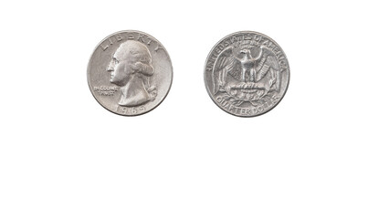 USA quarter dollar coin year 1965,obverse and reverse side on white background,macro close up