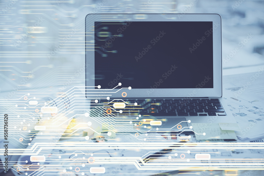 Aufkleber Double exposure of desktop computer and technology theme hologram. Concept of software development.