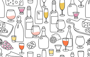 Wine bottles and different glasses with snacks seamless pattern. Changeable background.