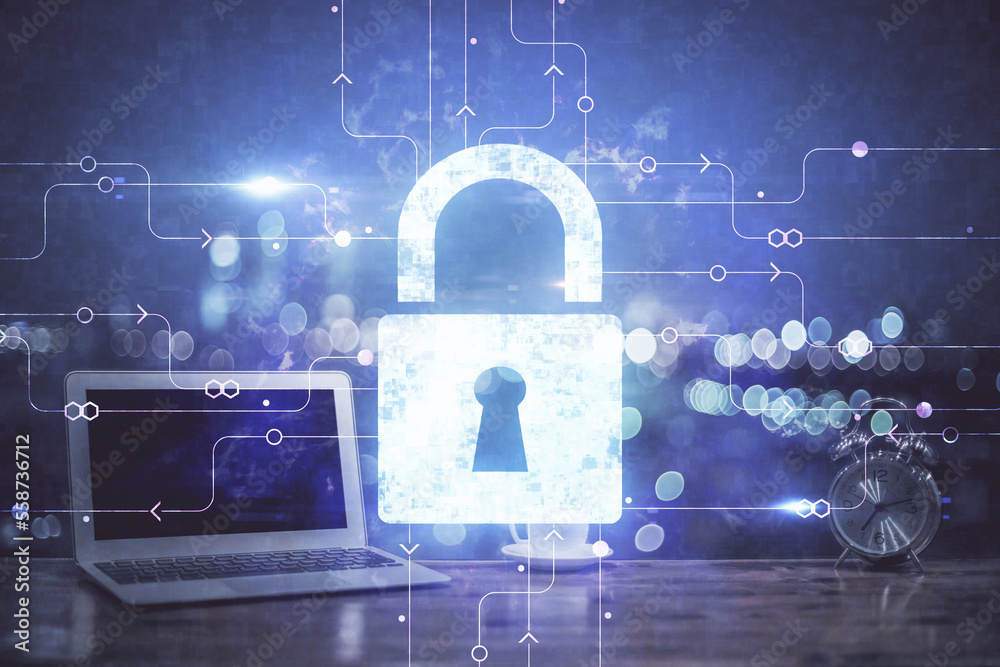 Poster Double exposure of desktop with computer and lock icon hologram. Concept of data safety.