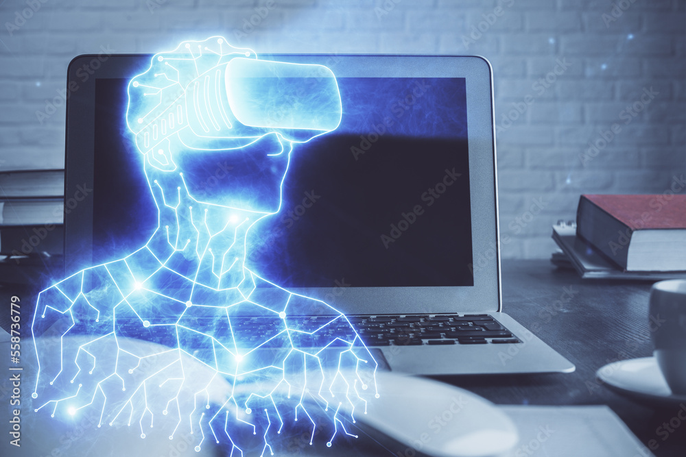 Aufkleber Computer on desktop with AR theme icon. Multi exposure. Concept of augmented reality.