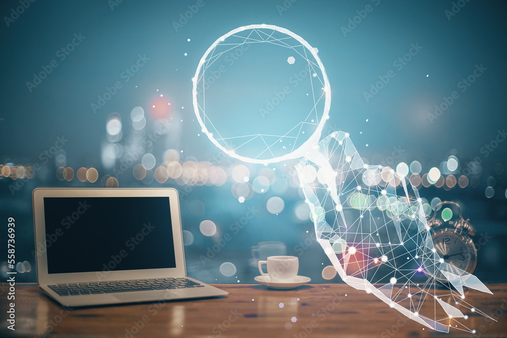 Aufkleber Desktop computer background in office and start up theme hologram drawing. Double exposure. Startup concept.