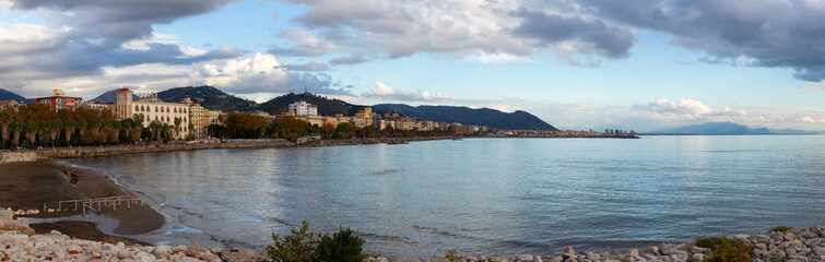 Fototapeta na wymiar Touristic City by the Sea. Salerno, Italy. Cityscape and mountains background. Panorama