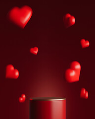 Minimal display podium or pedestal red background showcase. Heart shapes falling. Abstract valentines day, woman's day product presentation illustration. 3d render mockup