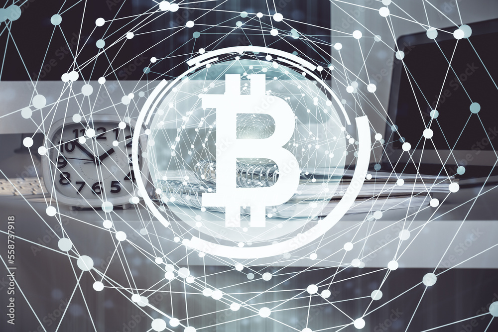 Poster Multi exposure of blockchain theme hologram and table with computer background. Concept of bitcoin crypto currency.