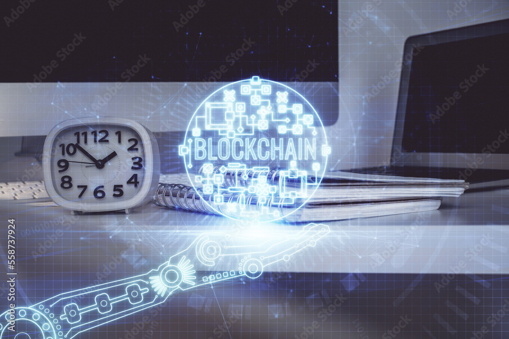 Aufkleber Multi exposure of blockchain theme hologram and table with computer background. Concept of bitcoin crypto currency.