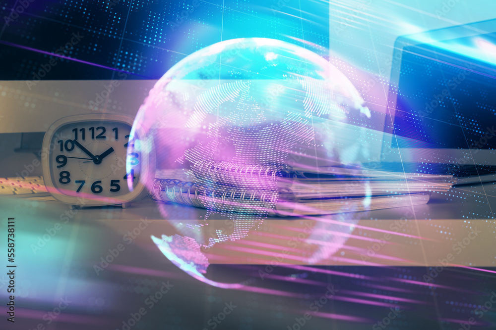 Poster Computer on desktop in office with technology theme hologram. Multi exposure. Tech concept.