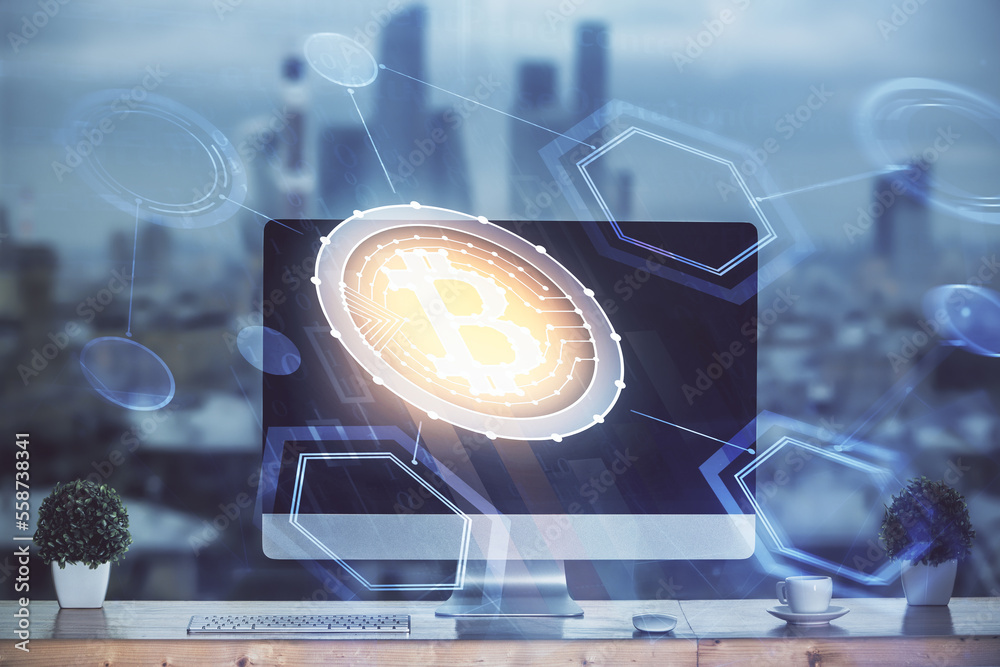 Poster Multi exposure of blockchain theme hologram and table with computer background. Concept of bitcoin crypto currency.