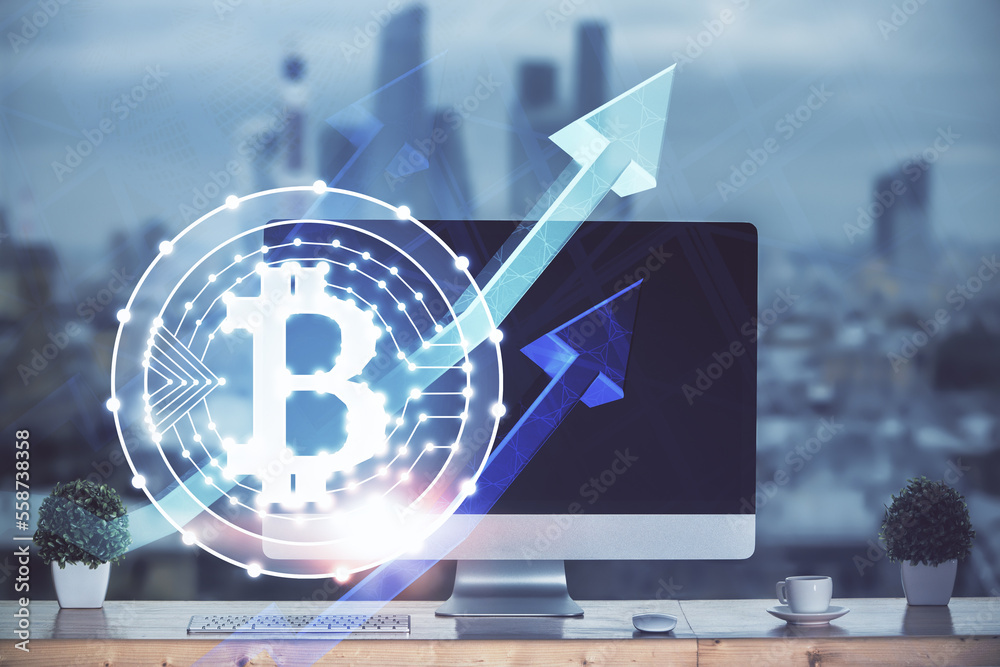 Poster Multi exposure of blockchain theme hologram and table with computer background. Concept of bitcoin crypto currency.