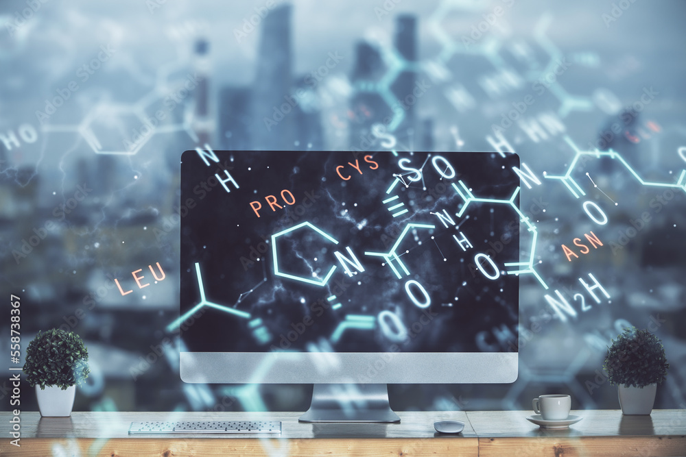 Poster desktop computer background and formula hologram writing. double exposure. education concept.