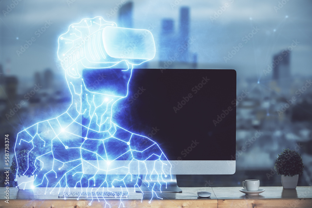 Aufkleber computer on desktop with ar theme icon. multi exposure. concept of augmented reality.