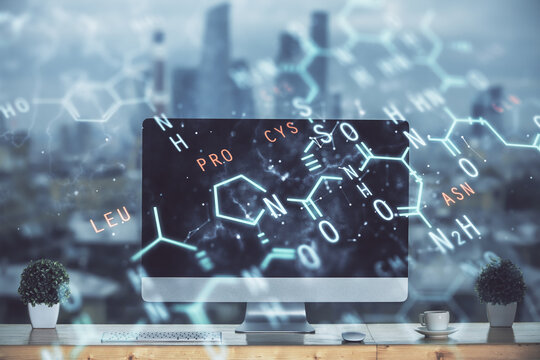 Desktop computer background and formula hologram writing. Double exposure. Education concept.