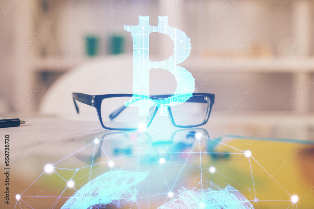 Poster Crypto theme hologram with glasses on the table background. Concept of blockchain. Double exposure.