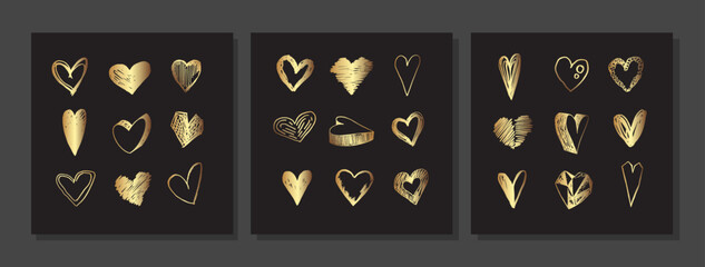 Set of luxury square gold wall art. Golden hand drawn heart. Grunge scribble hearts for Valentine`s day. Minimalist line art with heart doodles on black background
