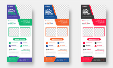 medical doctor healthcare modern rack card and dl flyer. medical doctor healthcare roll up banner design template with blue, green, yellow and red color.