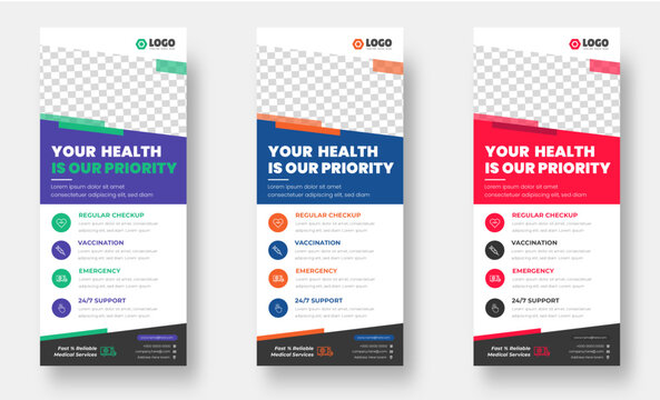 medical doctor healthcare modern rack card and dl flyer. medical doctor healthcare roll up banner design template with blue, green, yellow and red color.