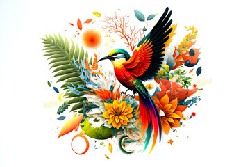 Fototapeta premium Arrangement of Tropical flowers and plants, with colorful birds, and coral, on an isolated White Background Generative AI