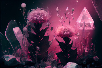Abstract Pink Surreal Flower Landscape with Crystals