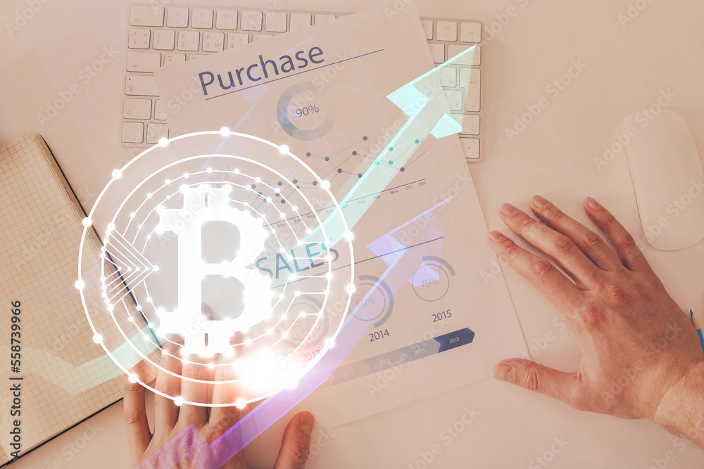 Poster man's hands working with notes background. cryptocurrency and finance concept.