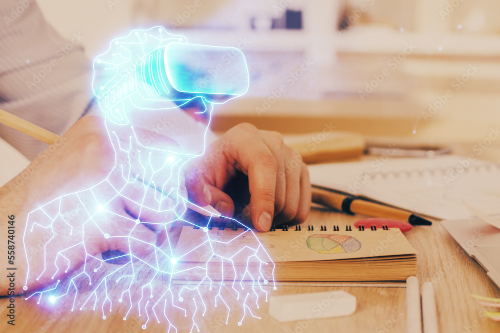 Aufkleber abstract man wearing augmented reality headsets computer work with writing human background. ar conc