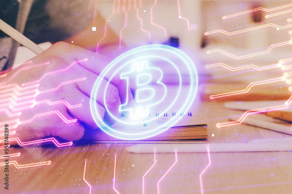 Poster Man's hands working with notes background. Cryptocurrency and finance concept.
