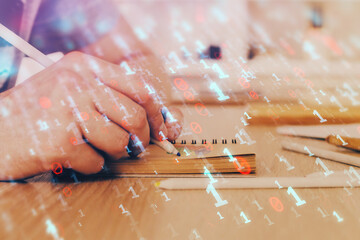 Writing human hands with tech theme multi exposure icons.