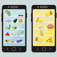 Fridge with fruits and fast food