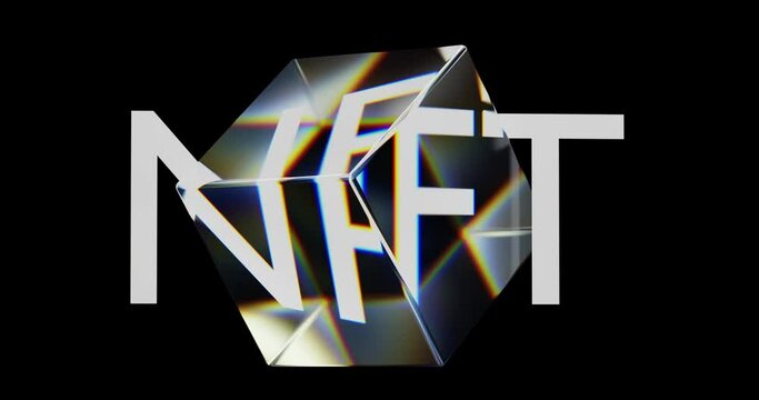 NFT rotating glass cube with a dramatic optical dispersion. Text inside the object.