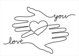 Single continuous line of hands holding hearts on a white background. Black thin line of the hands with heart. 