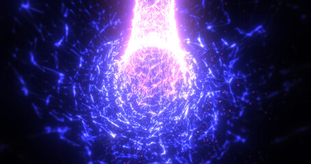 Abstract tunnel purple blue futuristic of triangles and dots of particles of shiny hi-tech beautiful with the effect of glow and blur background