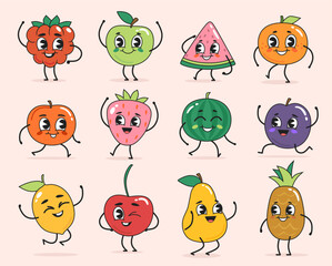 Set of funny fruit and berry emoticons in groovy style. Happy characters of raspberry, strawberry, apple, watermelon, orange, plum, lemon, cherry, peach, and pineapple with faces. Vector illustration.