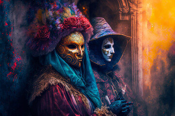 Fototapeta na wymiar Generative Ai of people wearing masks at the Venice Carnival. 